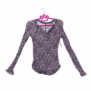Plum Floral Lace Up Long Sleeve Top XS Y2K Boho